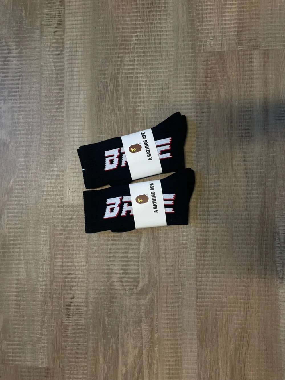 A Bathing Ape Black Crew Socks with Red & White Logo - Pack of 2